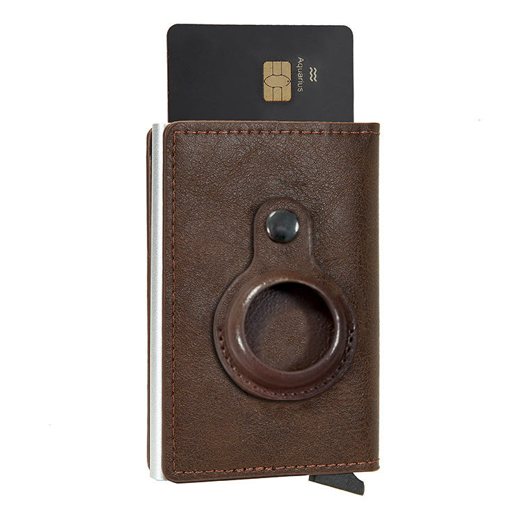 a brown wallet with a card in it