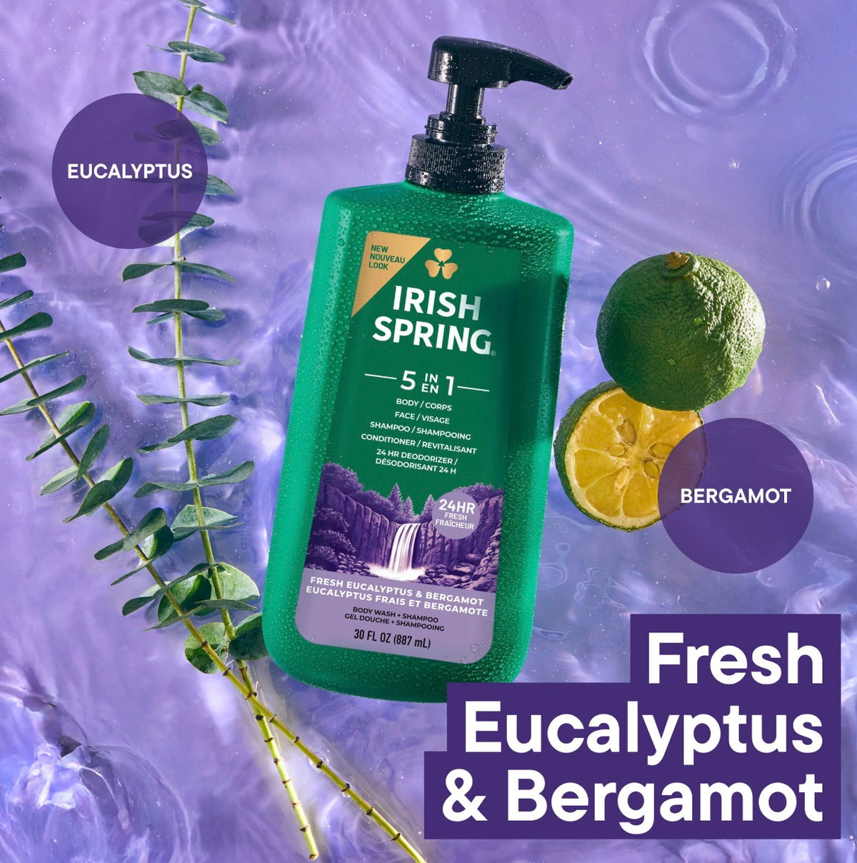 Irish Spring 5-in-1 Eucalyptus & Bergamot body wash and shampoo, single 30 fl oz pump bottle