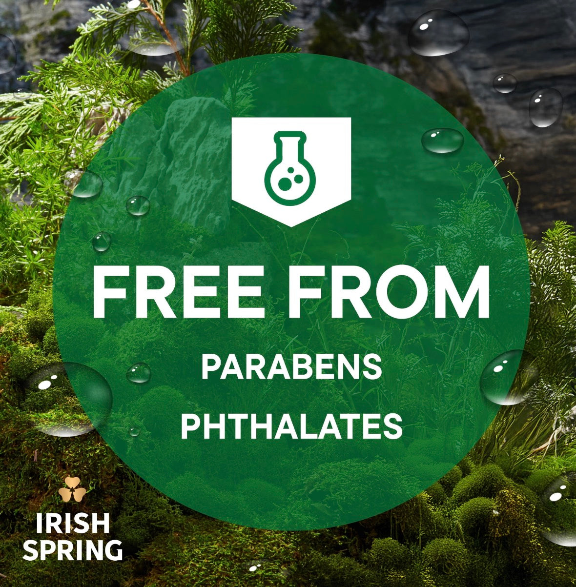 a green circle with white text and water drops on it