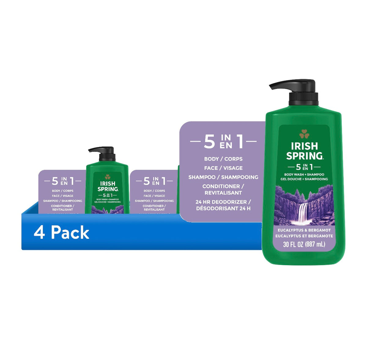 Irish Spring 5-in-1 Eucalyptus and Bergamot body wash, four-pack of 30 fl oz bottles