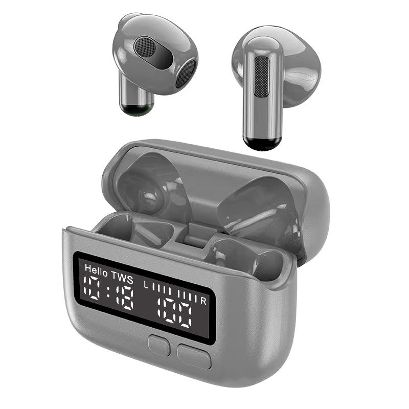 a grey wireless earbuds with a digital clock