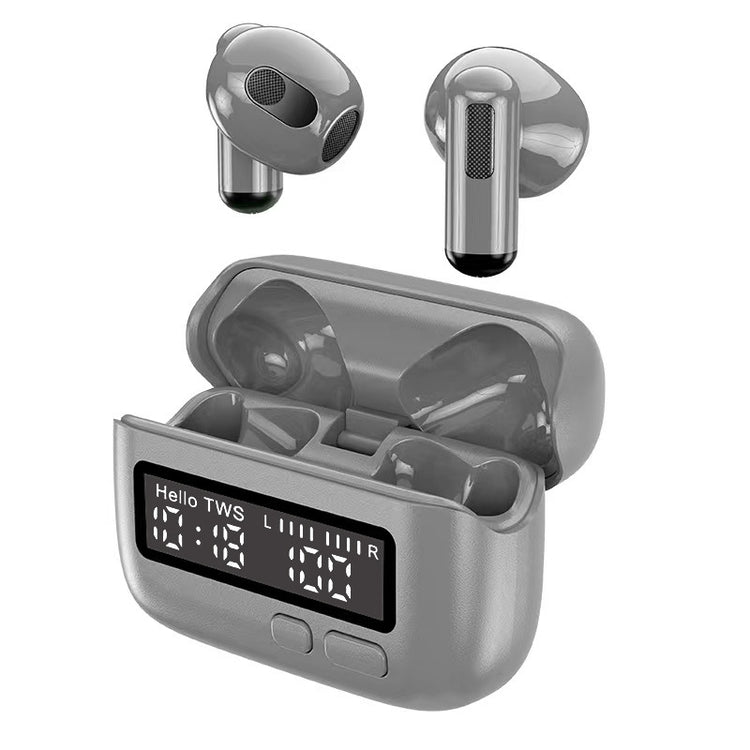 a grey wireless earbuds with a digital clock