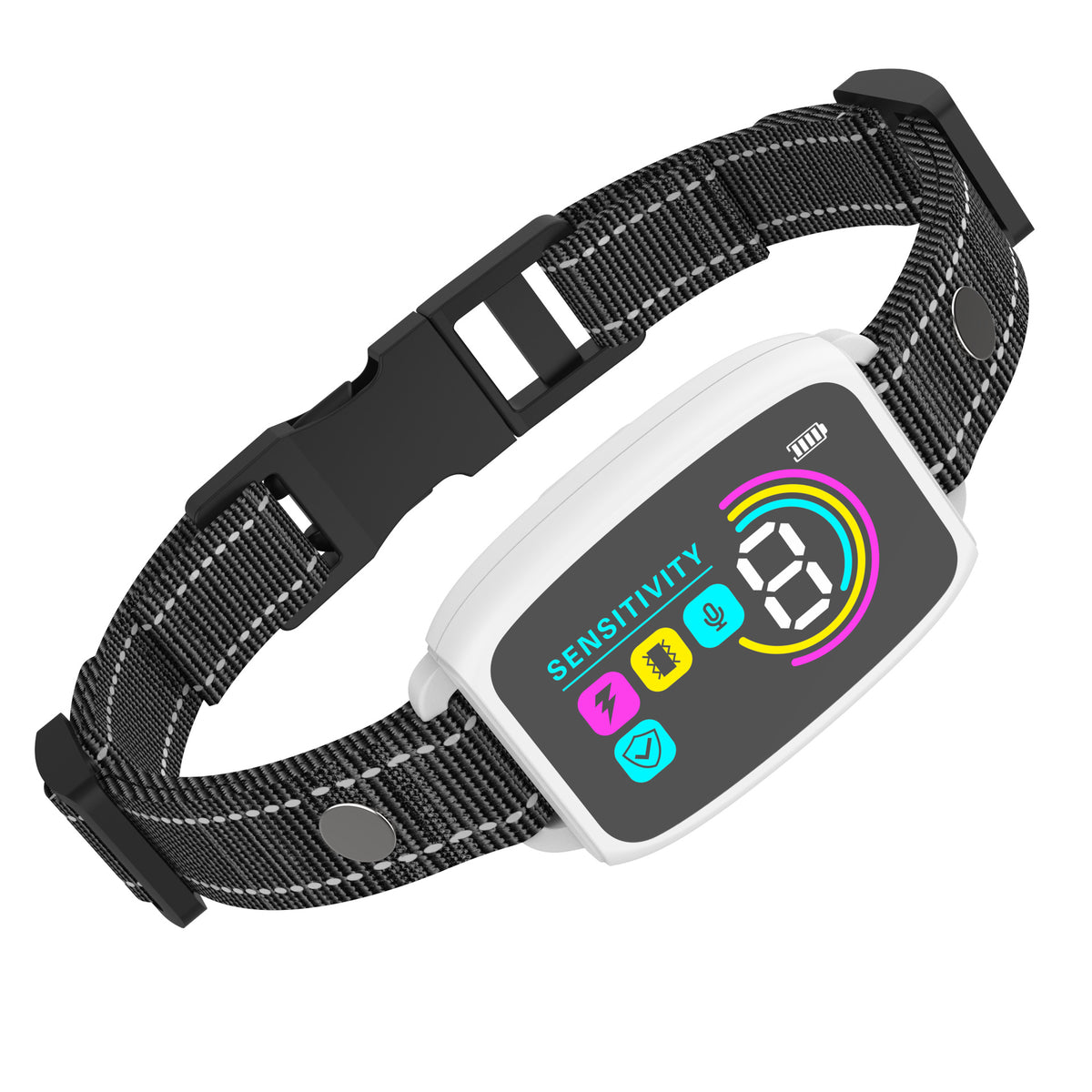 a black and white watch with a white screen