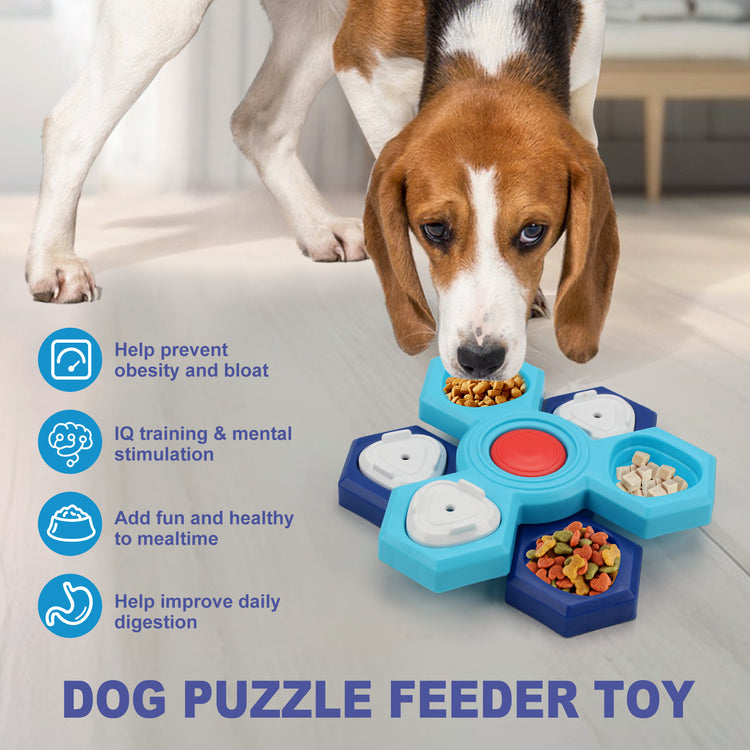 a dog eating food from a puzzle toy