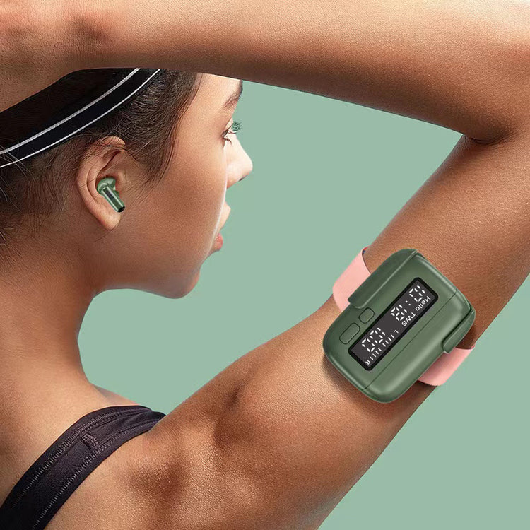 a woman with a device on her arm