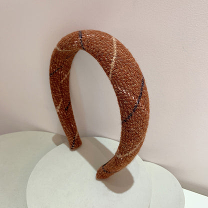 Gentle Temperament Warm Tone Plaid Woolen High Skull Top Sponge Headband
