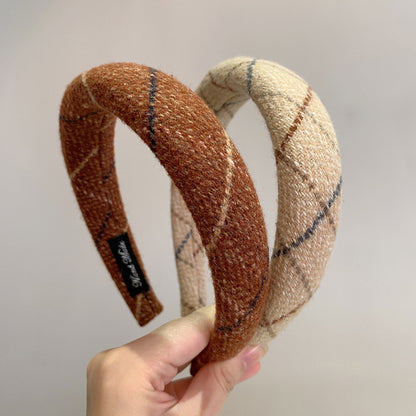 Gentle Temperament Warm Tone Plaid Woolen High Skull Top Sponge Headband