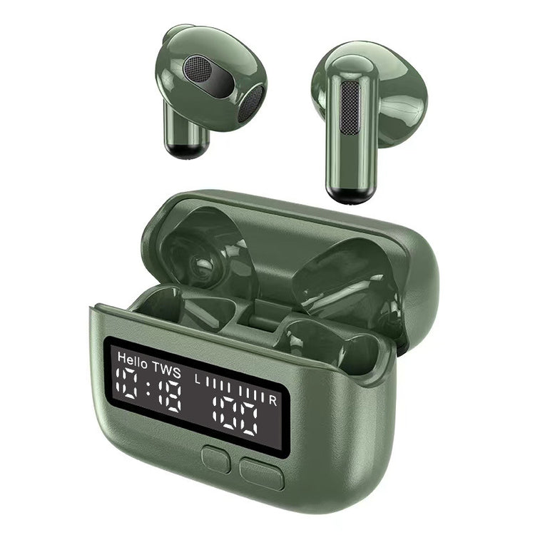 a green wireless earbuds with a digital clock