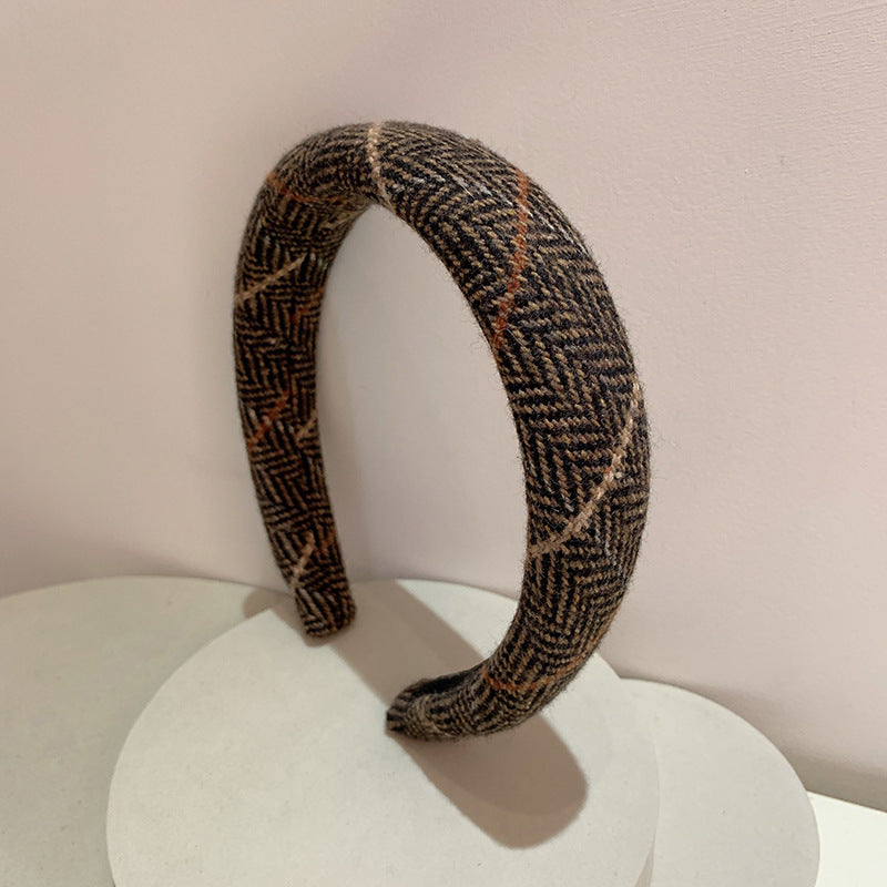 Gentle Temperament Warm Tone Plaid Woolen High Skull Top Sponge Headband