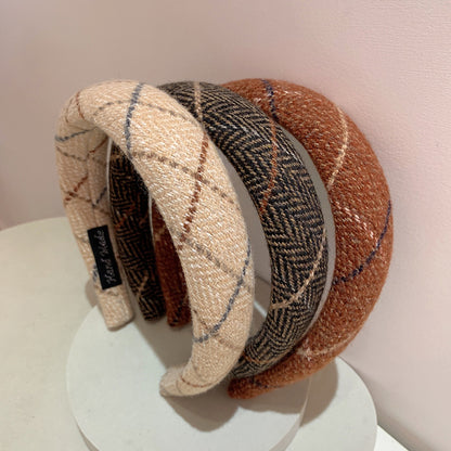 Gentle Temperament Warm Tone Plaid Woolen High Skull Top Sponge Headband