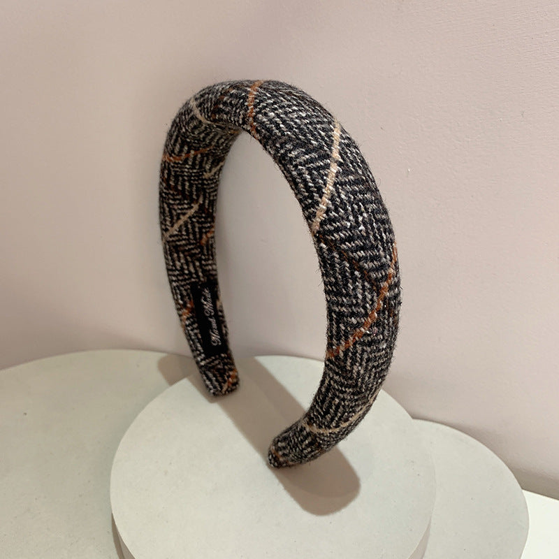 Gentle Temperament Warm Tone Plaid Woolen High Skull Top Sponge Headband