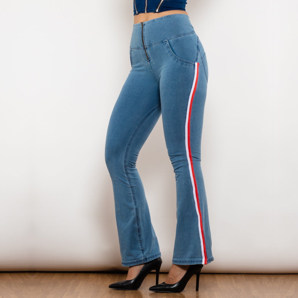 Shascullfites Melody Light Blue Flare Jeans Stretch Skinny Ripped Jeans With White&Red Stripe Side Scrunch Bum Pants