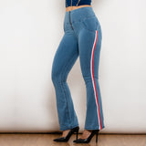Shascullfites Melody Light Blue Flare Jeans Stretch Skinny Ripped Jeans With White&Red Stripe Side Scrunch Bum Pants