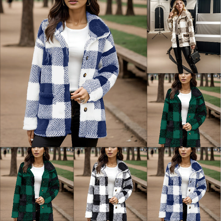 a collage of a woman wearing a plaid coat