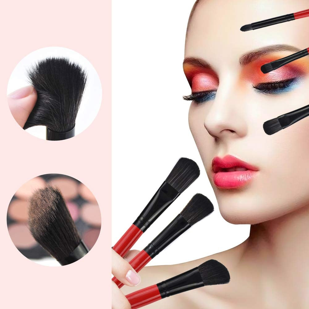 a woman with makeup brushes