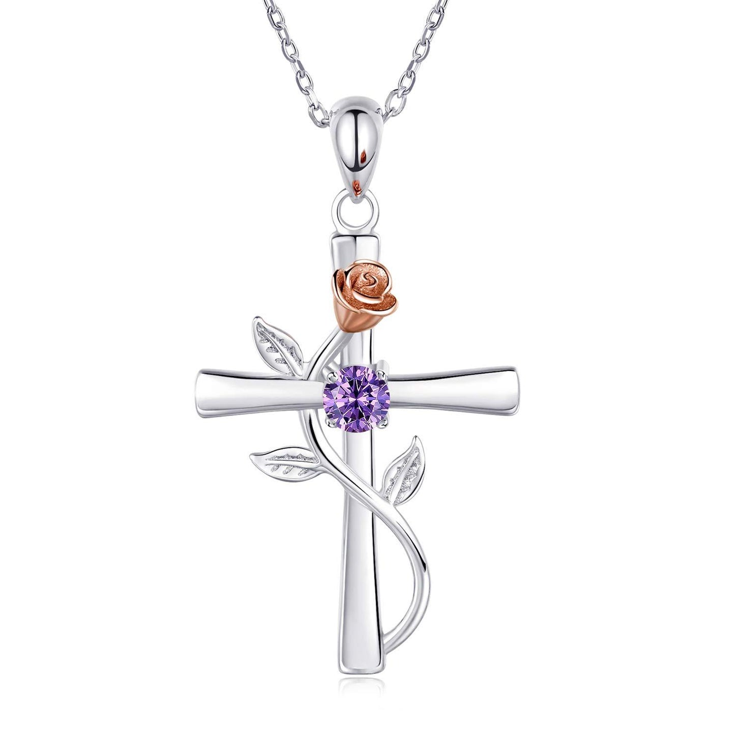 Rose Cross Necklace With Rhinestone Fashion Personality 12 Month Birthstones Pendant Necklace For Valentine's Day Birthday Gift