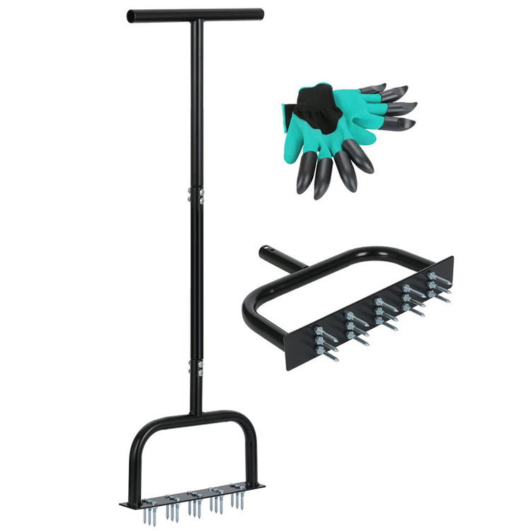 a black metal rake with black handles and blue gloves