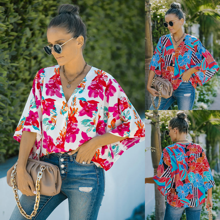 a woman wearing sunglasses and a floral shirt