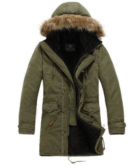 a green parka with a fur hood