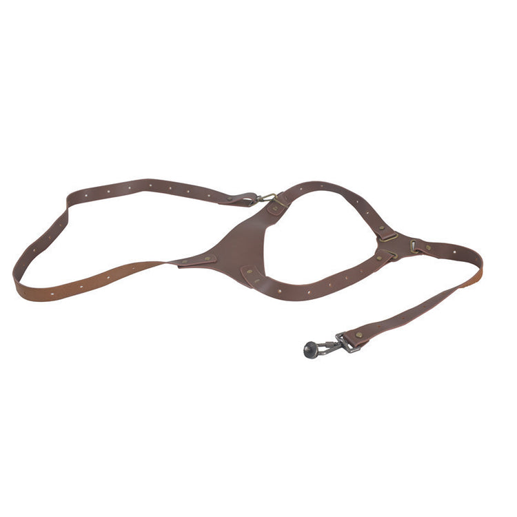 a brown leather harness with a metal hook