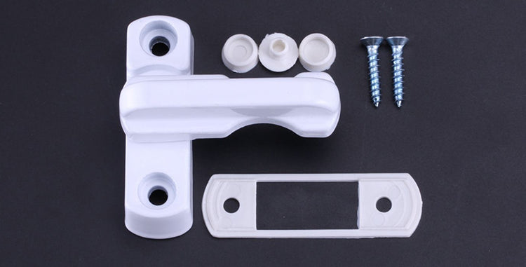 a white plastic window handle with screws and bolts