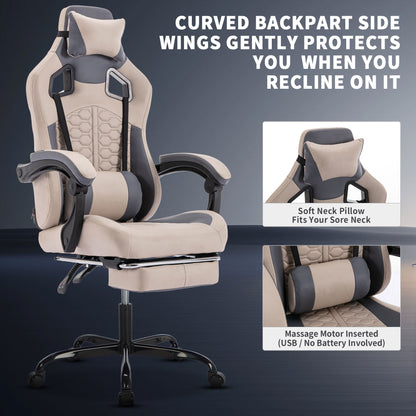 Gaming Chair With Massage,Ergonomic PC Gaming Chair With Footrest Comfortable Headrest And Lumbar Support,High Back PVC Leather,300LBS Grey