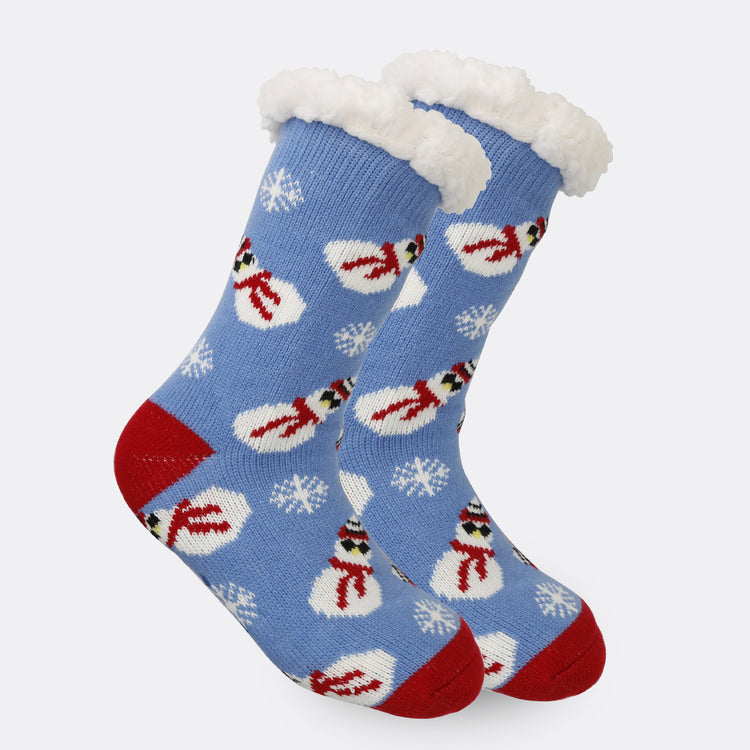a pair of blue socks with snowman designs
