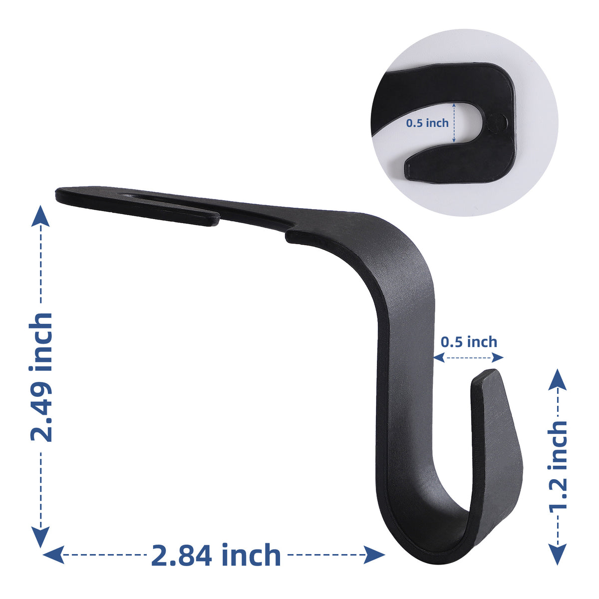 a black metal hook with measurements