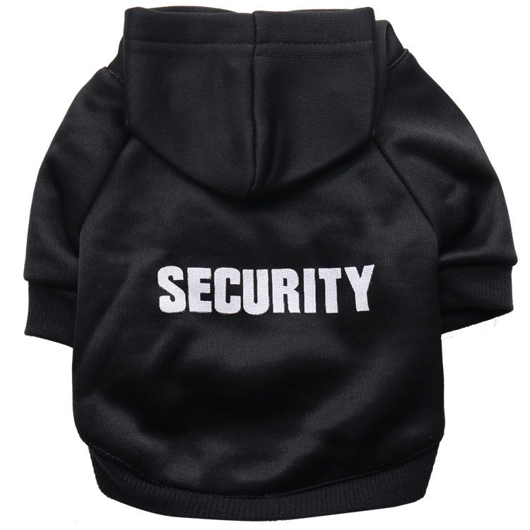 a black dog coat with white text on it