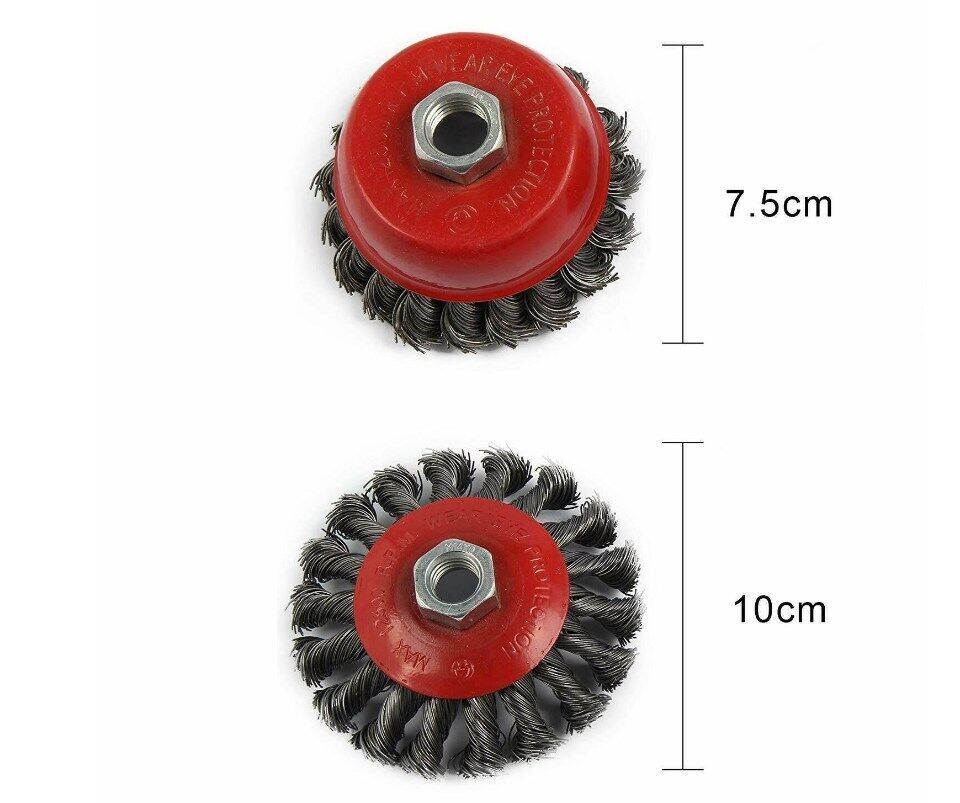 a circular metal brush with a red handle