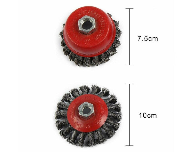 a circular metal brush with a red handle