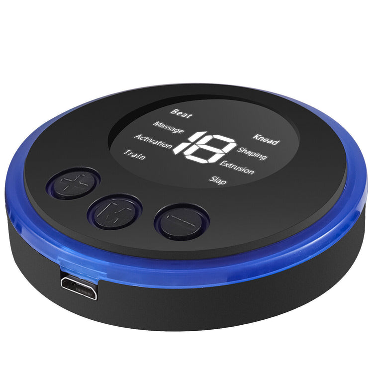 a round black and blue device with a digital display