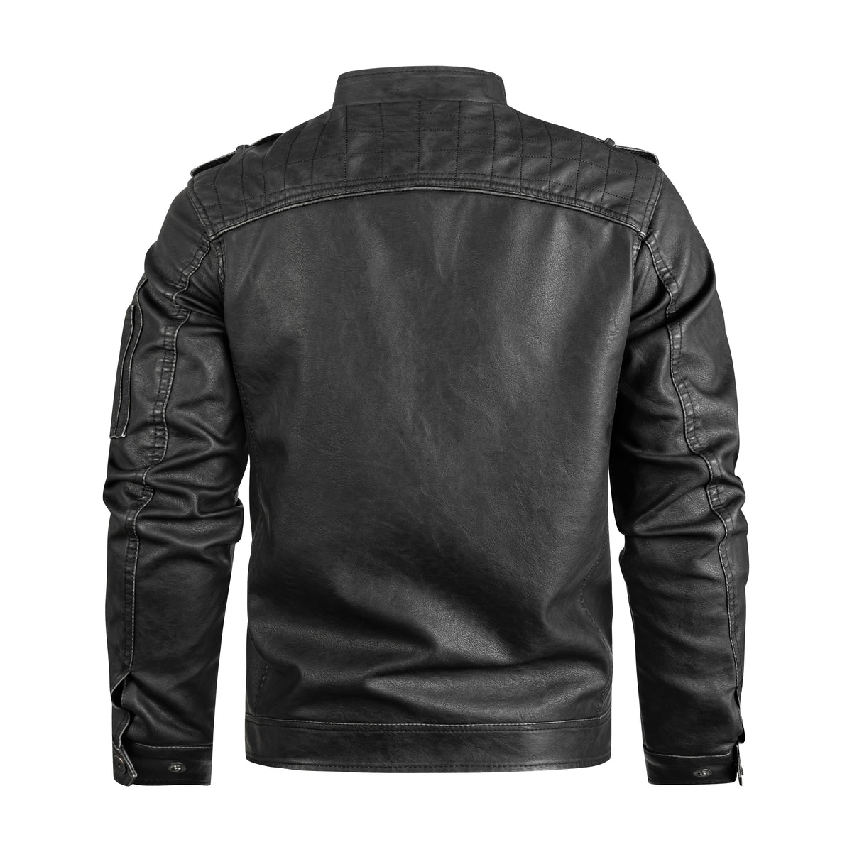 a black leather jacket with a white background
