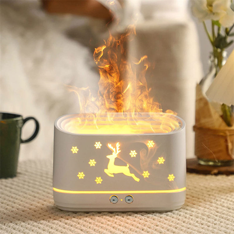 a white rectangular object with a deer on fire