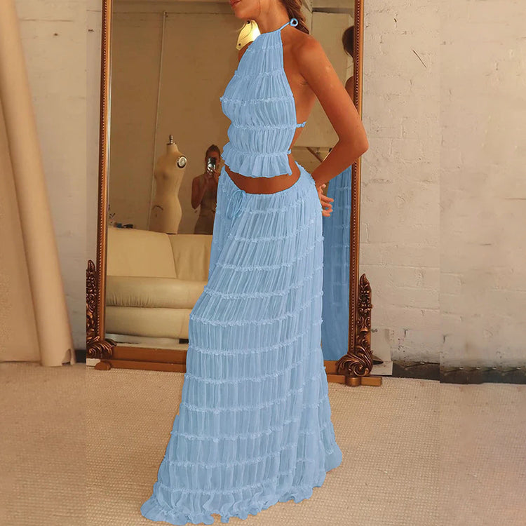 a woman in a blue dress