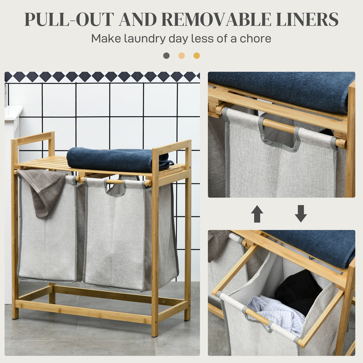 Bamboo Laundry Basket, Double Laundry Hamper with Shelf, 2 Pull-Out and Removable Bags, Natural Wood and Dark Gray