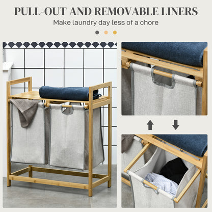Bamboo Laundry Basket, Double Laundry Hamper with Shelf, 2 Pull-Out and Removable Bags, Natural Wood and Dark Gray