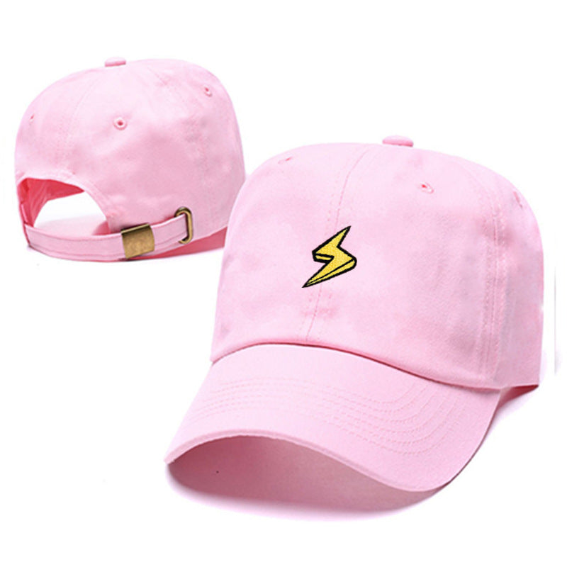 a pink baseball cap with a lightning bolt on it