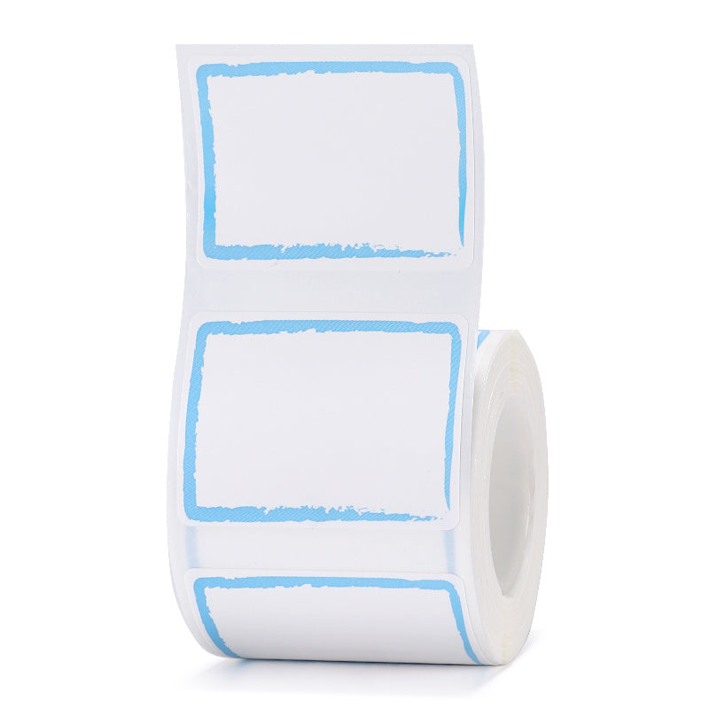 a roll of labels with blue border