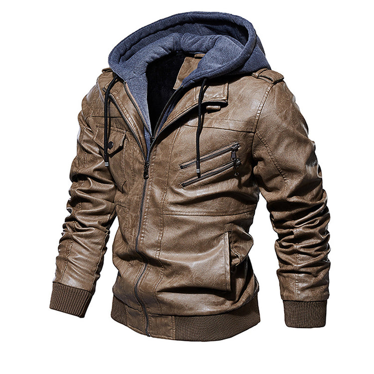 a brown leather jacket with a hood