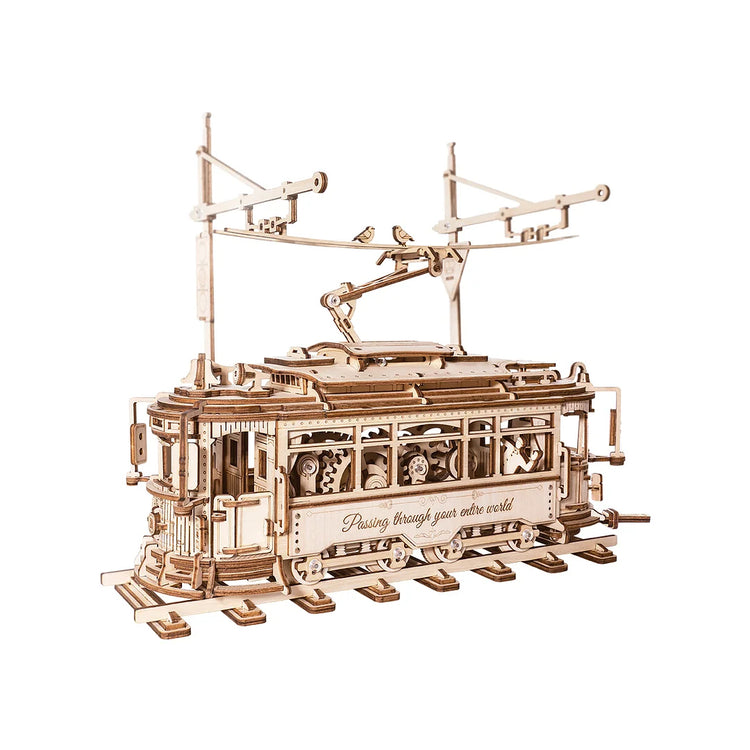 a wooden model of a trolley
