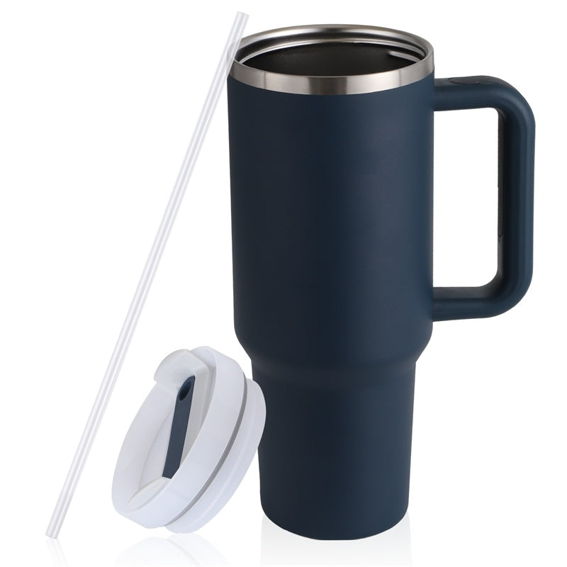 a blue and silver coffee mug with a straw