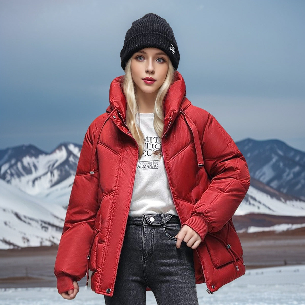 a woman in a red coat and hat standing in front of snow covered mountains