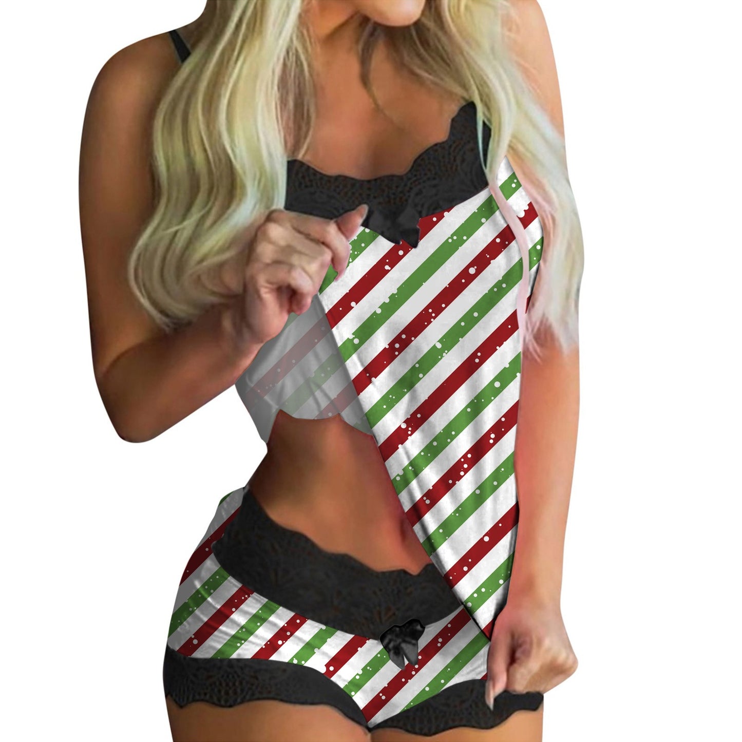 European And American Lace Sexy Sweet Print Suspender Two-piece Pajamas