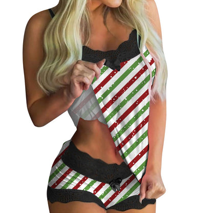 European And American Lace Sexy Sweet Print Suspender Two-piece Pajamas