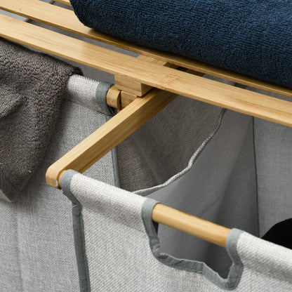 Bamboo Laundry Basket, Double Laundry Hamper with Shelf, 2 Pull-Out and Removable Bags, Natural Wood and Dark Gray