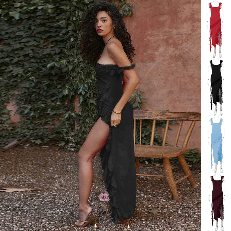 Ruffle Thigh High Split Dress Women Sexy Spaghetti Strap Square Neck B ...