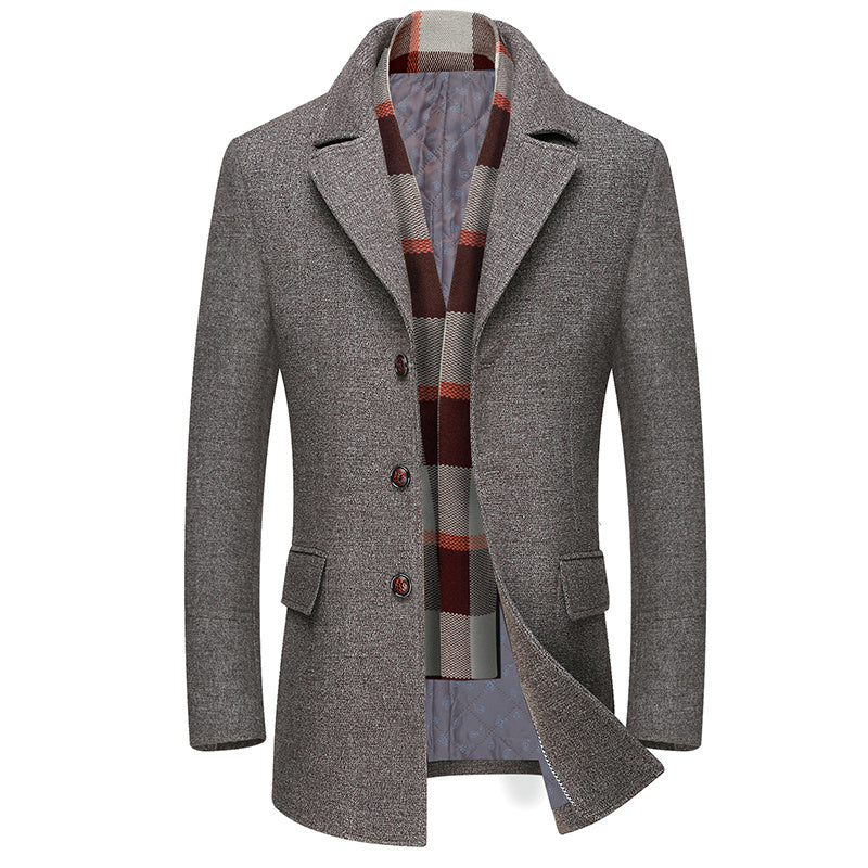 a grey coat with a scarf