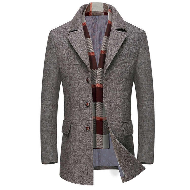 a grey coat with a scarf