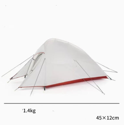 a white tent with a red trim